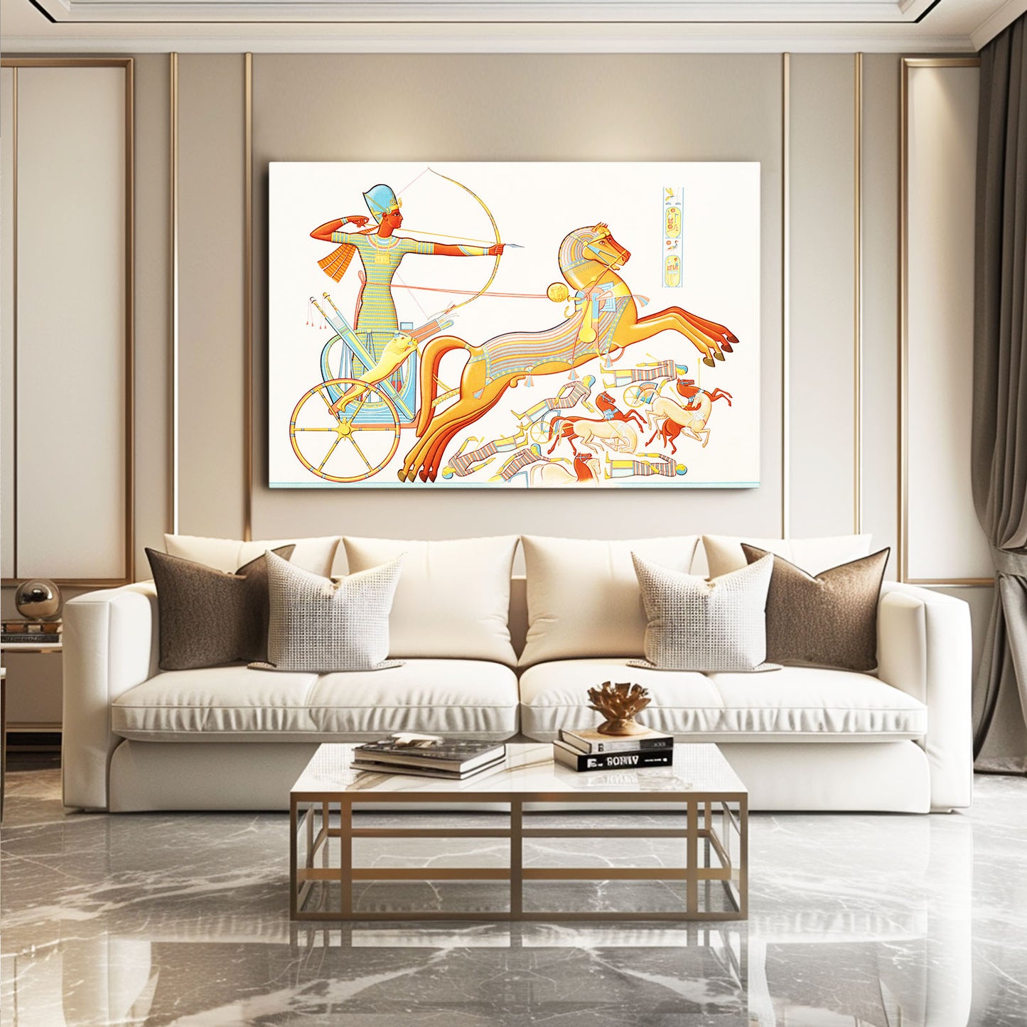 Chariot Hunt Scene Egyptian Prints – styled in a furnished interior