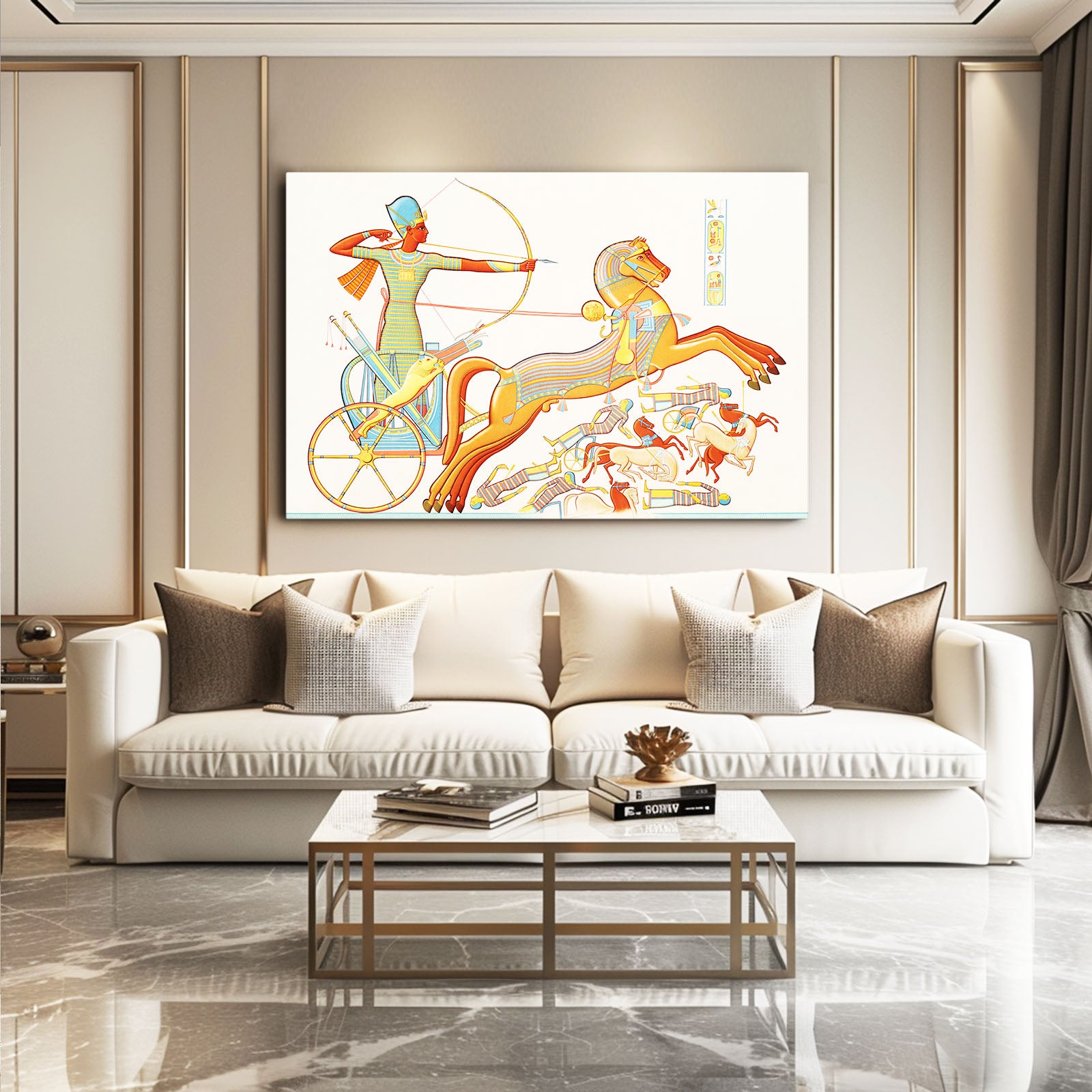 Chariot Hunt Scene Egyptian Prints – styled in a furnished interior