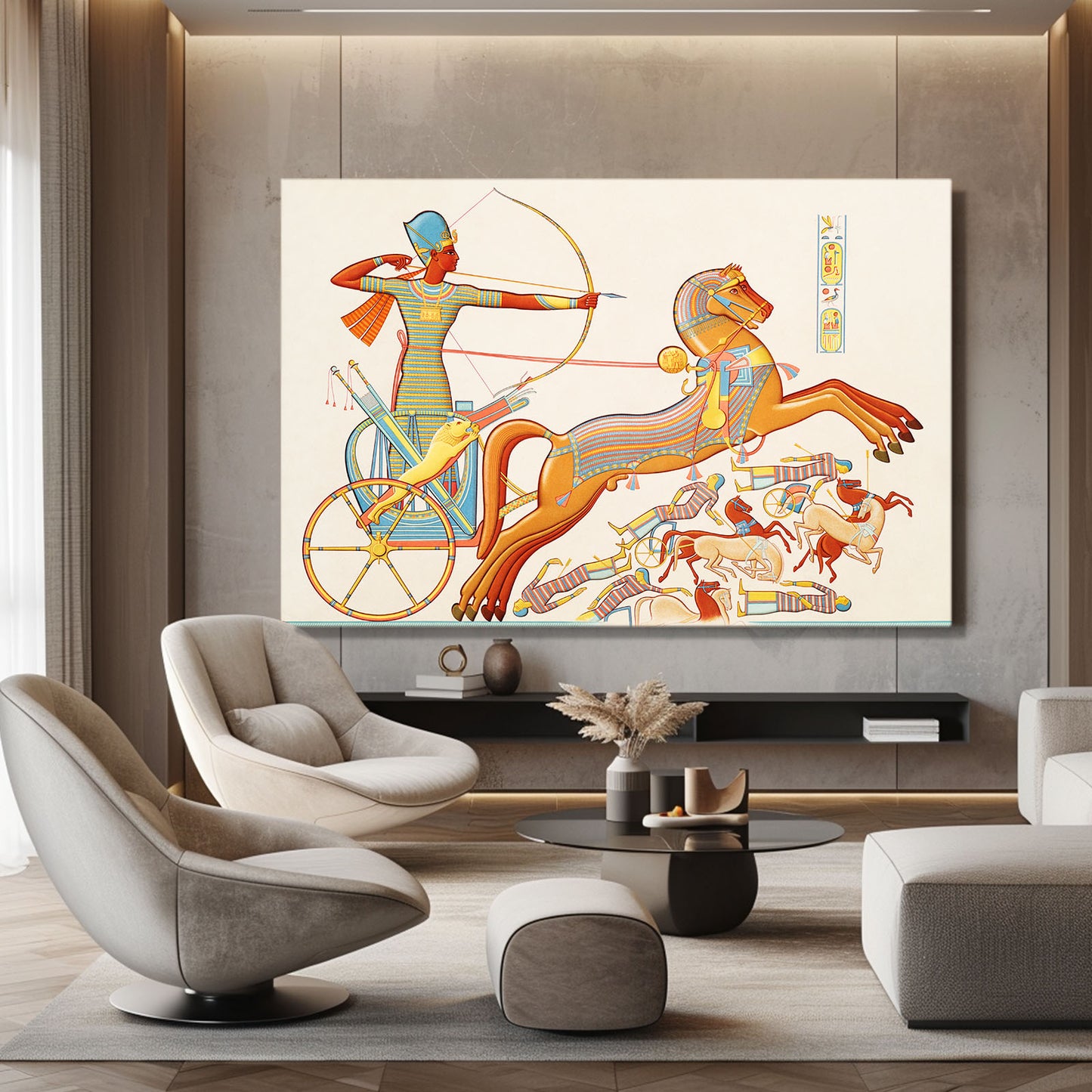 Chariot Hunt Scene Egyptian Prints – styled in a furnished interior
