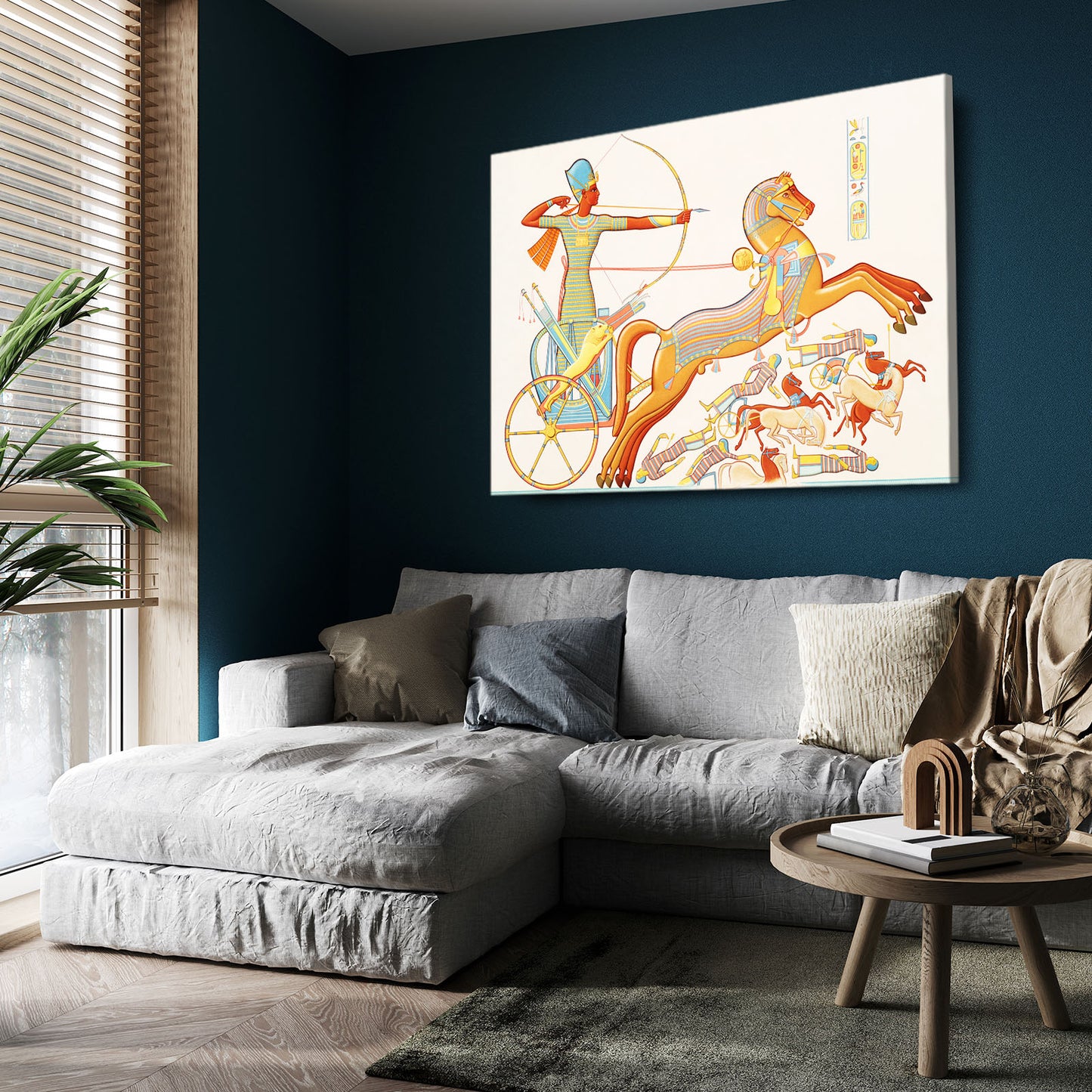 Chariot Hunt Scene Egyptian Prints – styled in a furnished interior