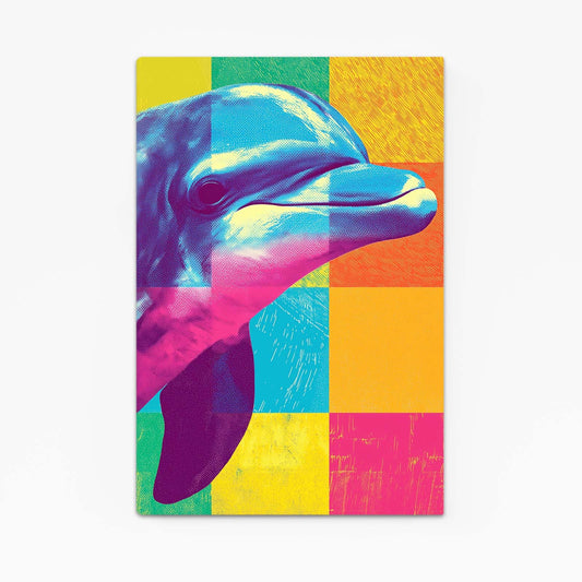 Checker Pop Dolphin Art – purple dolphin head popping from an orange and yellow checker grid