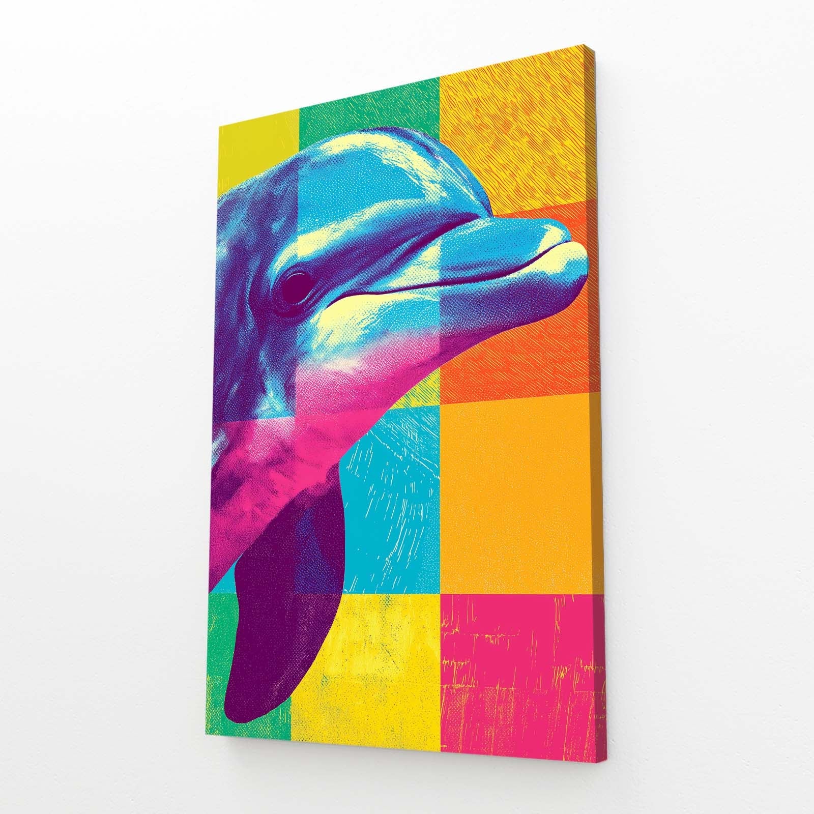 Checker Pop Dolphin Art – angled canvas view on white background
