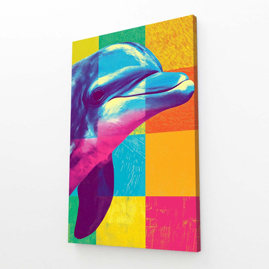 Checker Pop Dolphin Art – angled canvas view on white background
