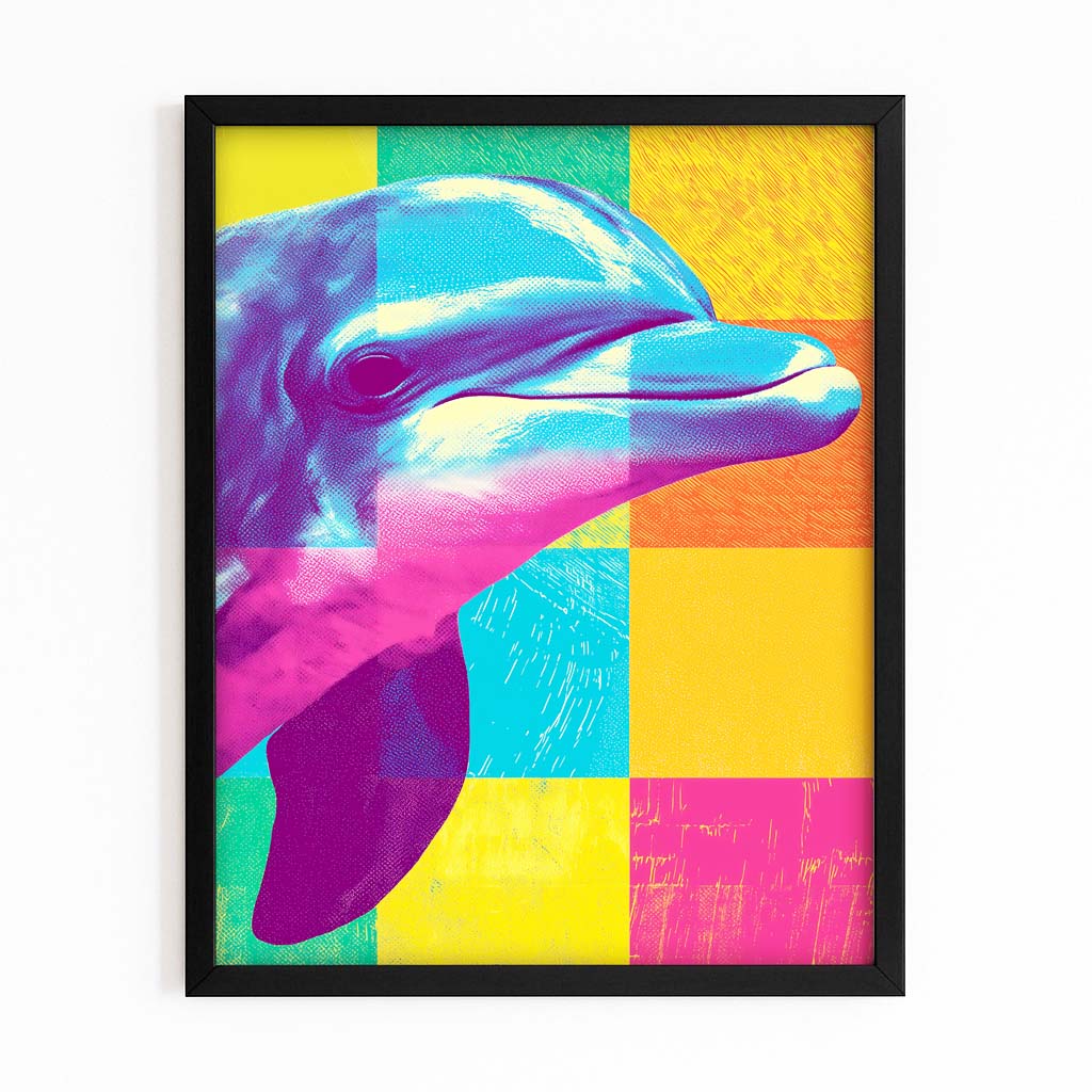 Checker Pop Dolphin Art – with Premium Black wood frame on white background