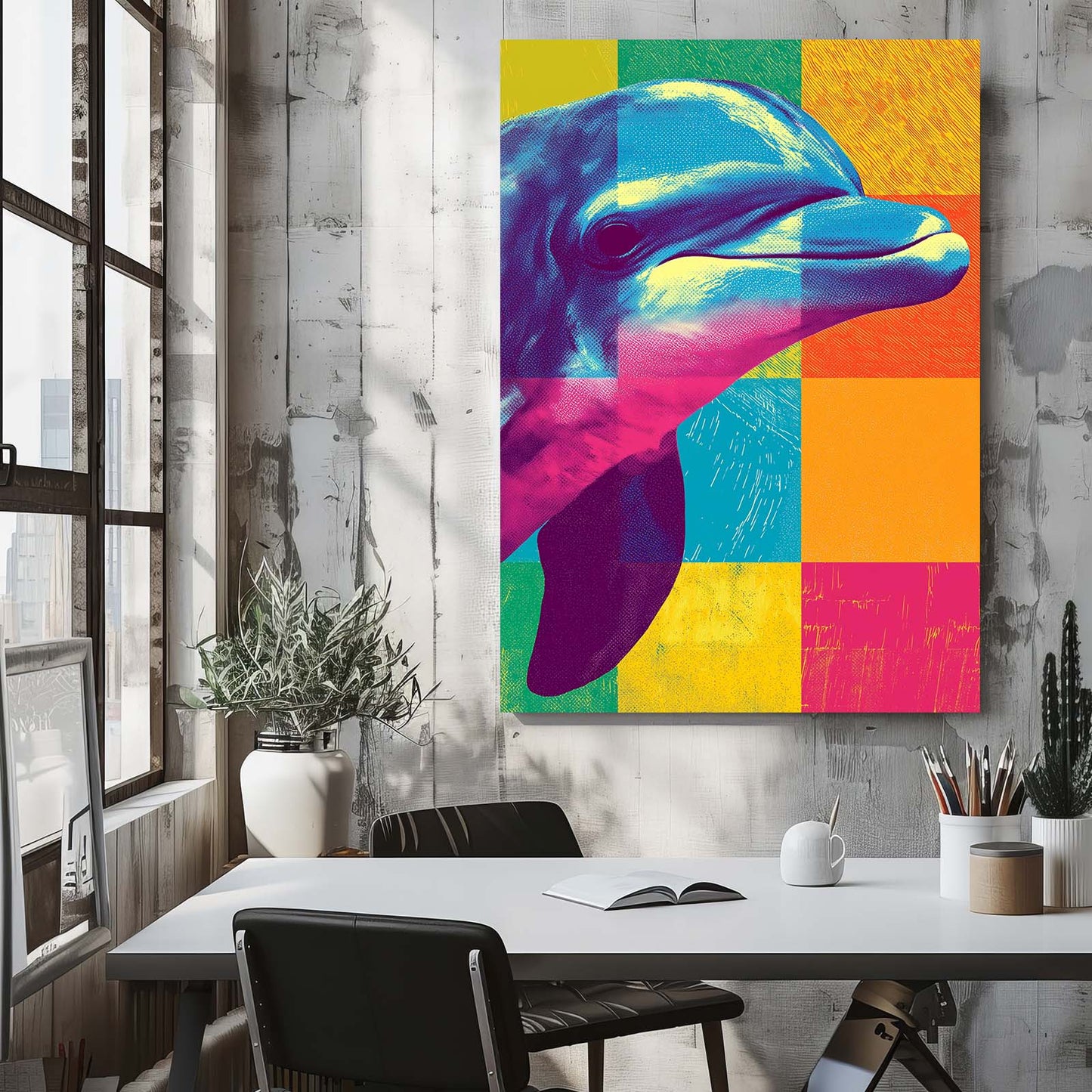 Checker Pop Dolphin Art – styled in a furnished interior
