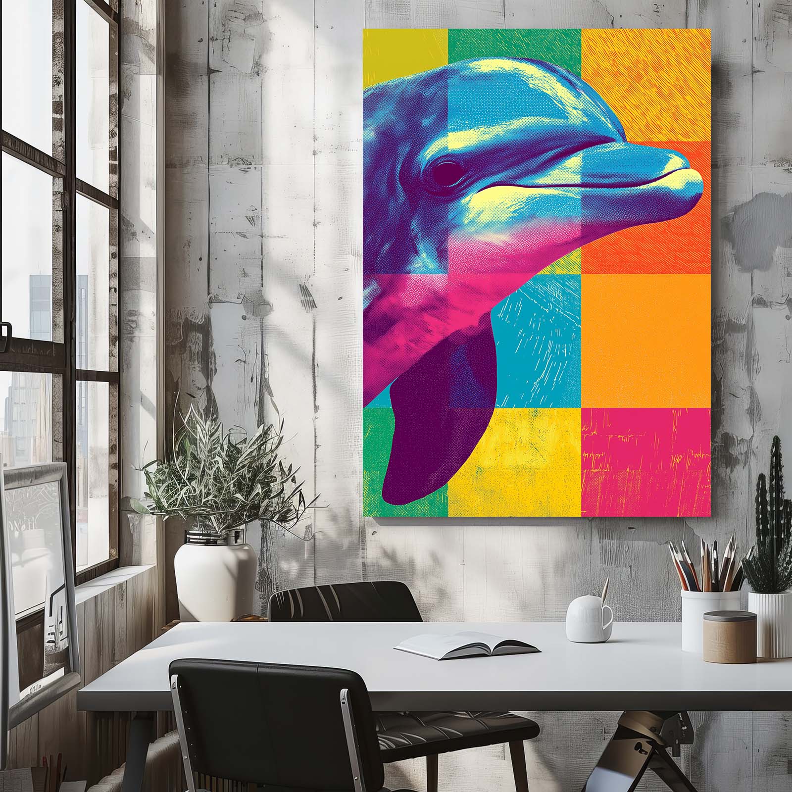 Checker Pop Dolphin Art – styled in a furnished interior