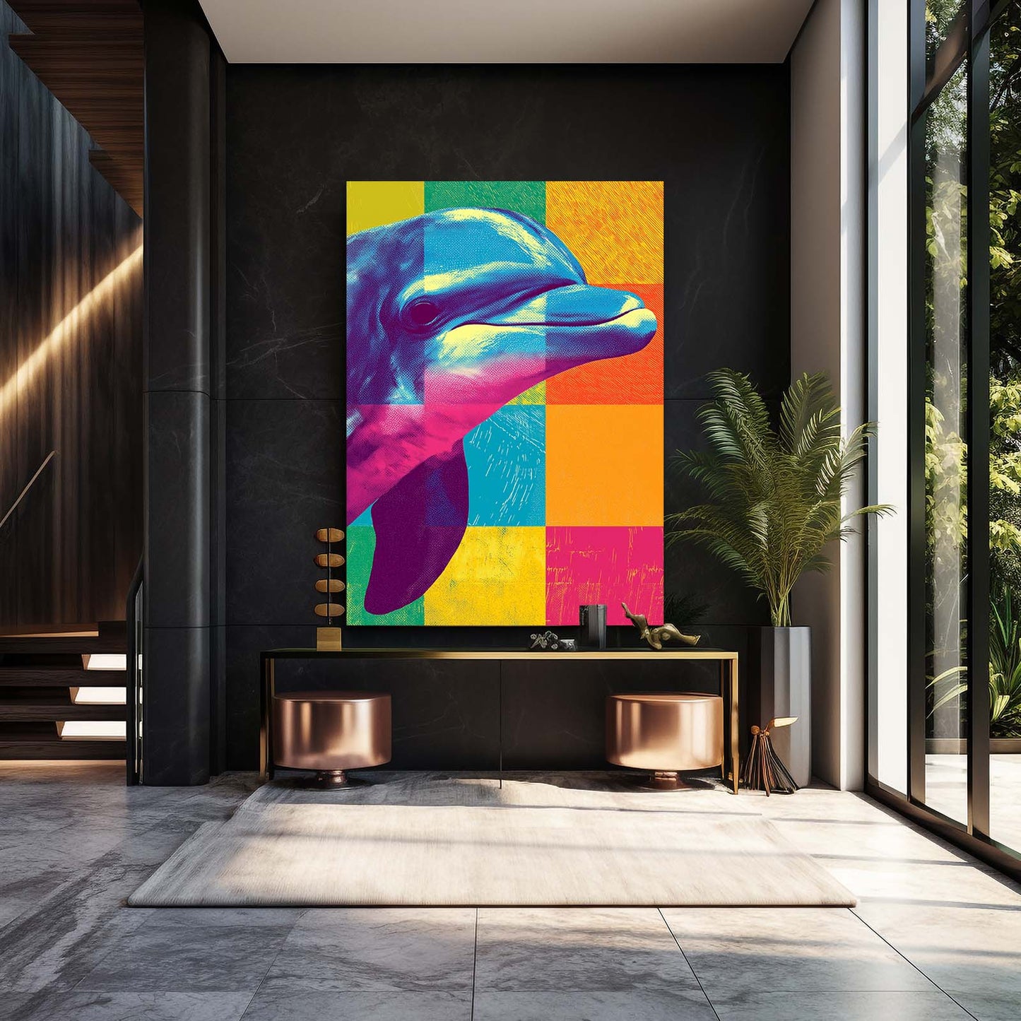 Checker Pop Dolphin Art – styled in a furnished interior