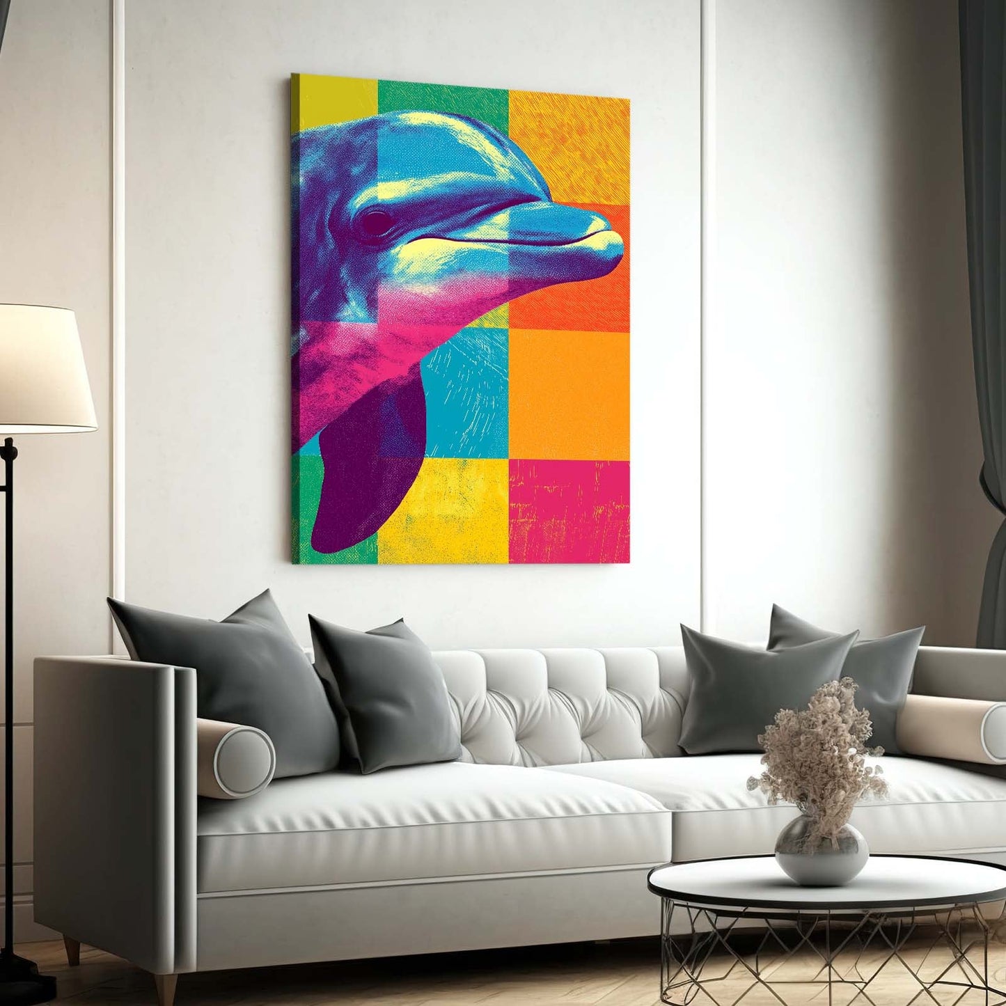 Checker Pop Dolphin Art – styled in a furnished interior