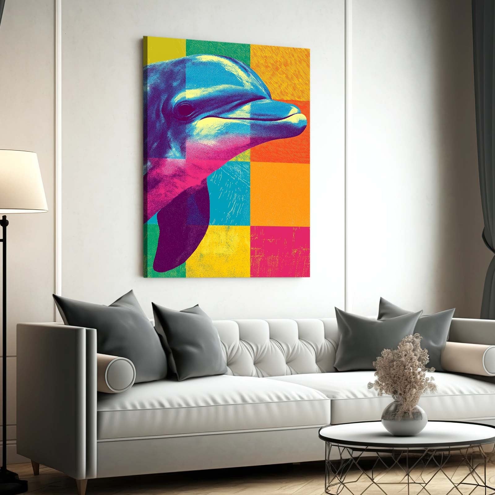 Checker Pop Dolphin Art – styled in a furnished interior