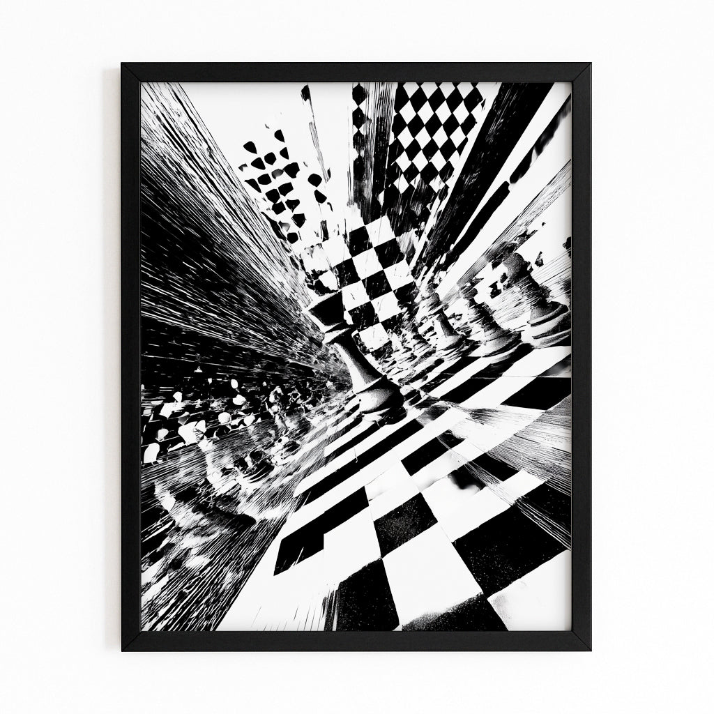 Checkerboard Vortex Chess Art – with Premium Black frame on white background