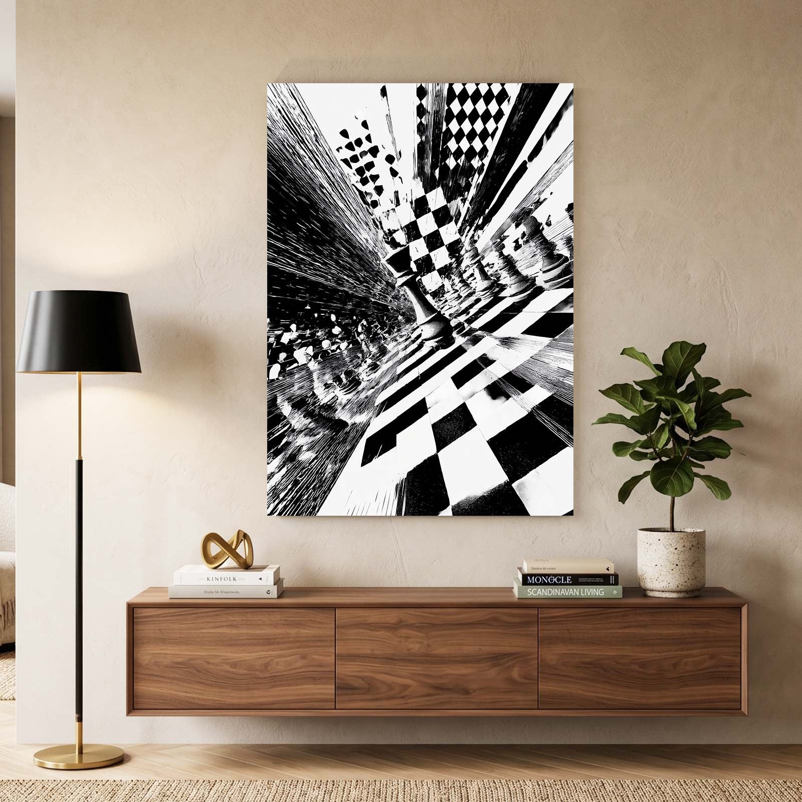 Checkerboard Vortex Chess Art – styled in a furnished interior