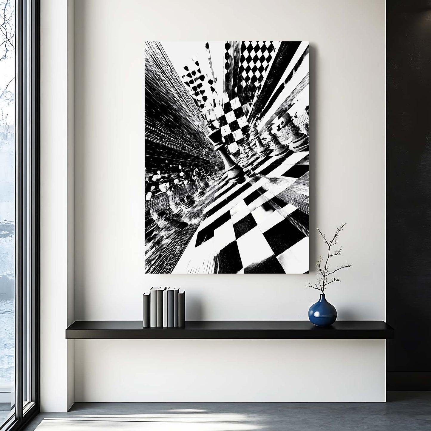 Checkerboard Vortex Chess Art – styled in a furnished interior