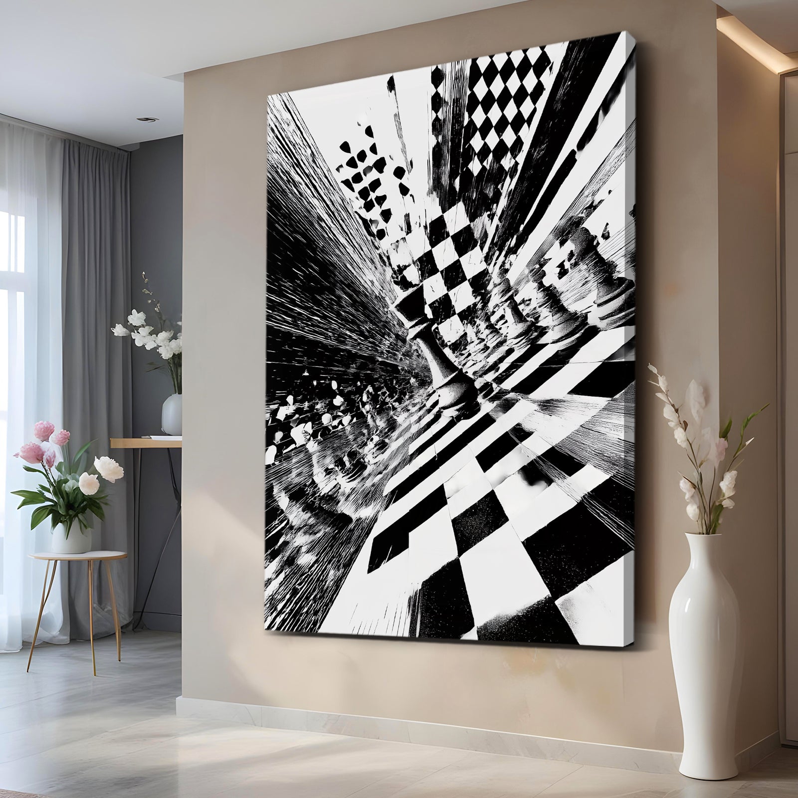 Checkerboard Vortex Chess Art – styled in a furnished interior