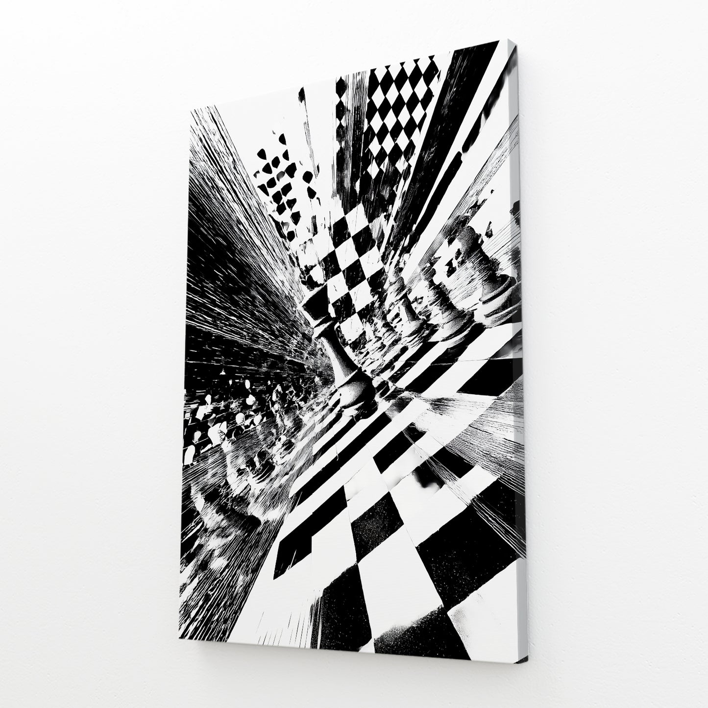 Checkerboard Vortex Chess Art – angled canvas view on white background