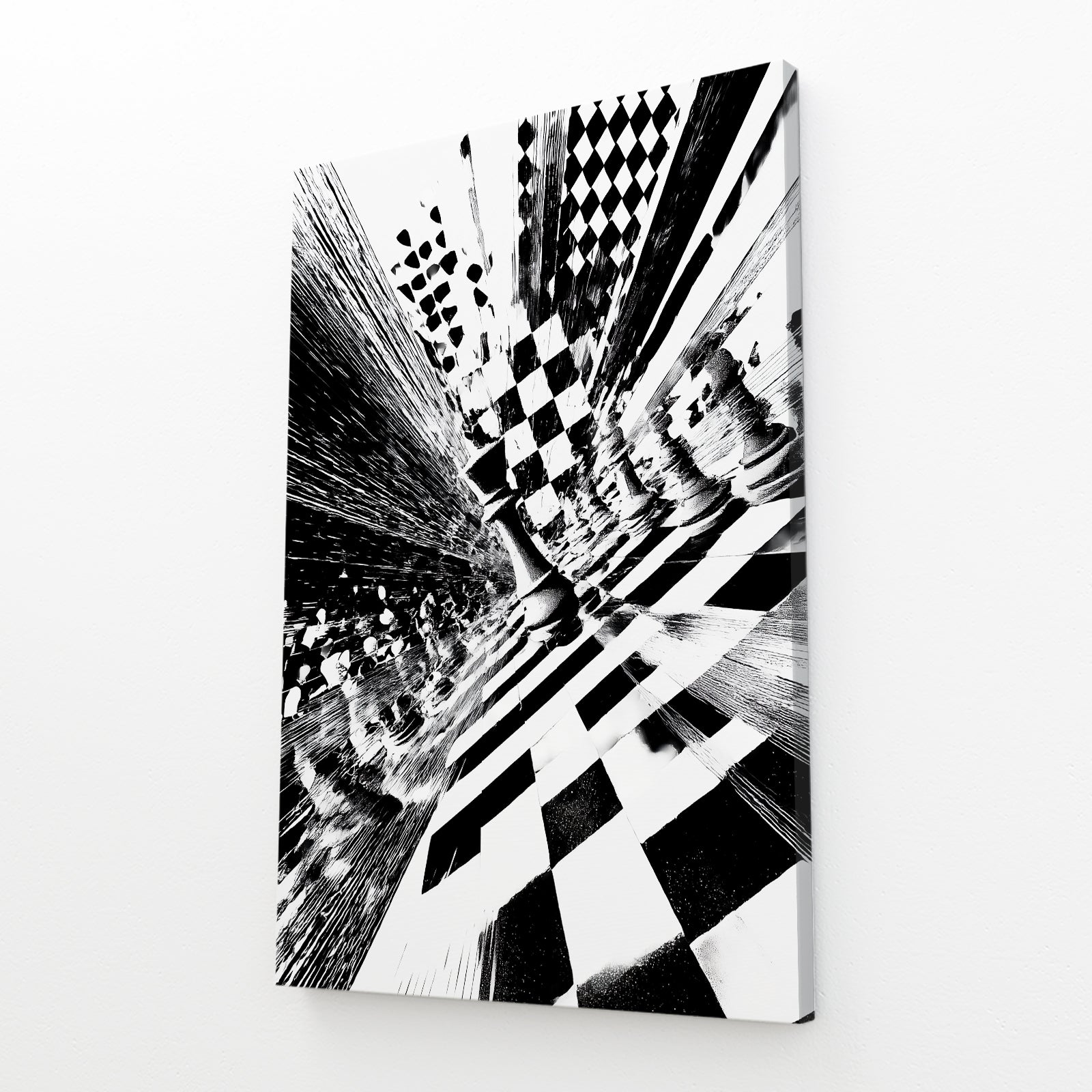 Checkerboard Vortex Chess Art – angled canvas view on white background