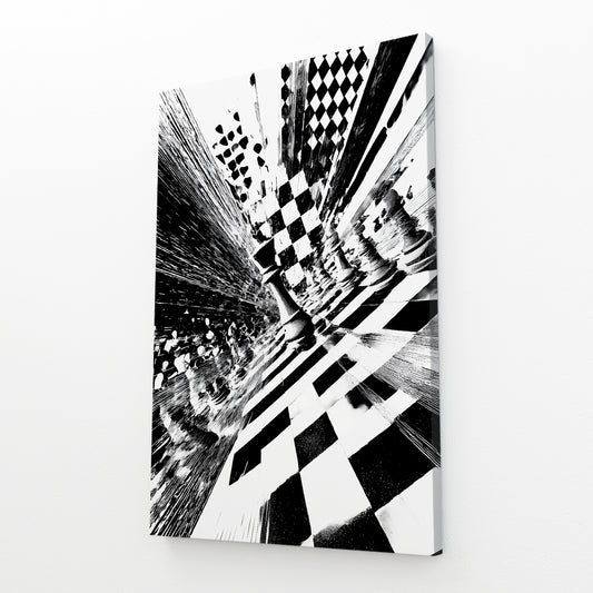 Checkerboard Vortex Chess Art – angled canvas view on white background