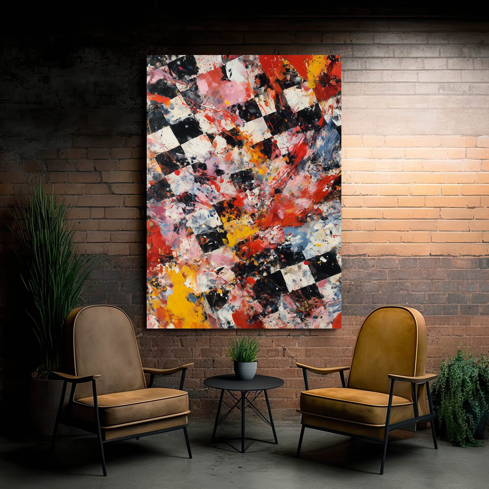 Checkered Patchwork Chess Canvas – styled in a furnished interior
