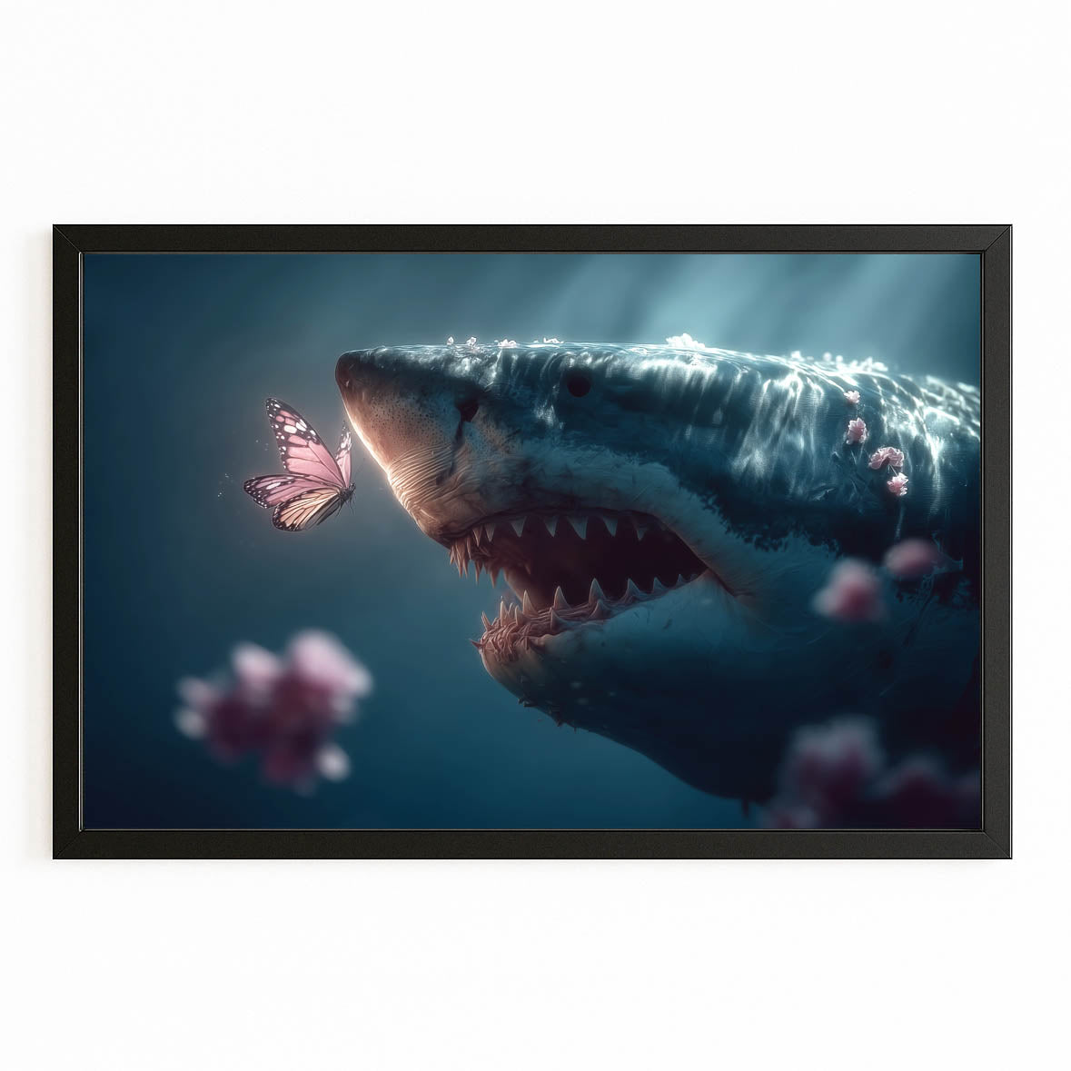 Cherry Blossom Breach Shark Canvas – with Premium Black frame on white background