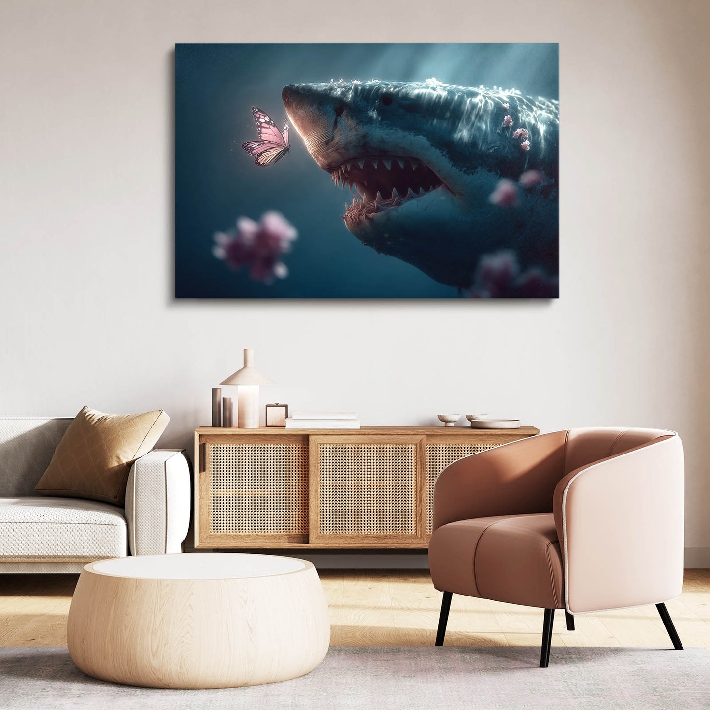 Cherry Blossom Breach Shark Canvas – styled in a furnished interior