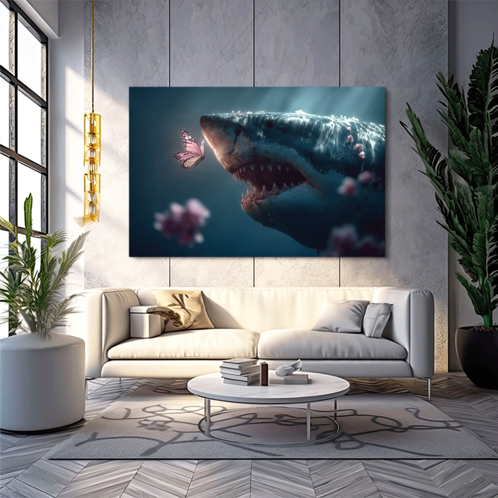 Cherry Blossom Breach Shark Canvas – styled in a furnished interior