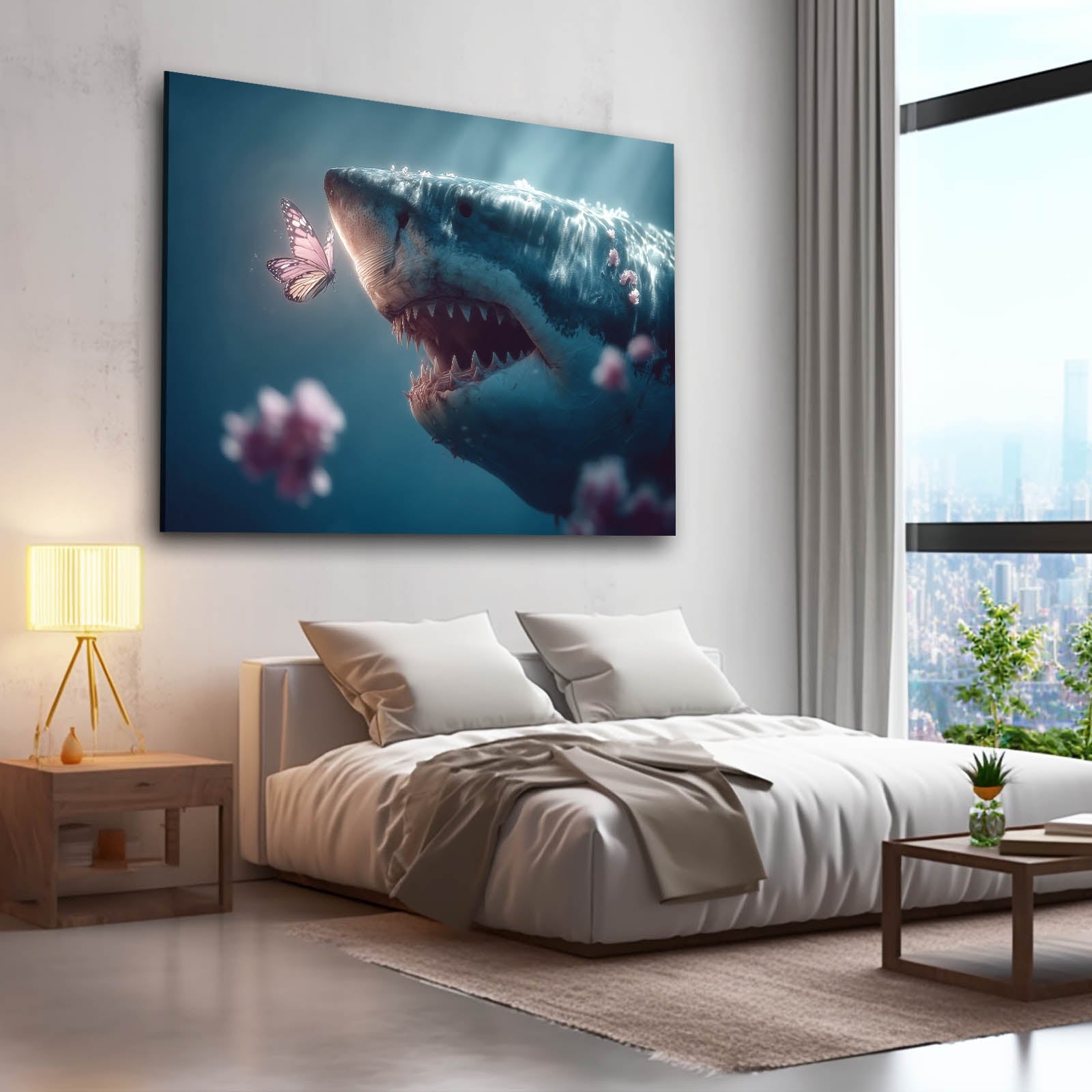 Cherry Blossom Breach Shark Canvas – styled in a furnished interior