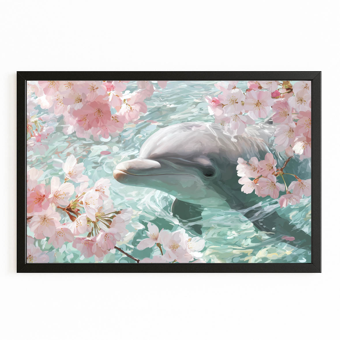 Cherry Blossom Dolphin Canvas – with Premium Black wood frame on white background
