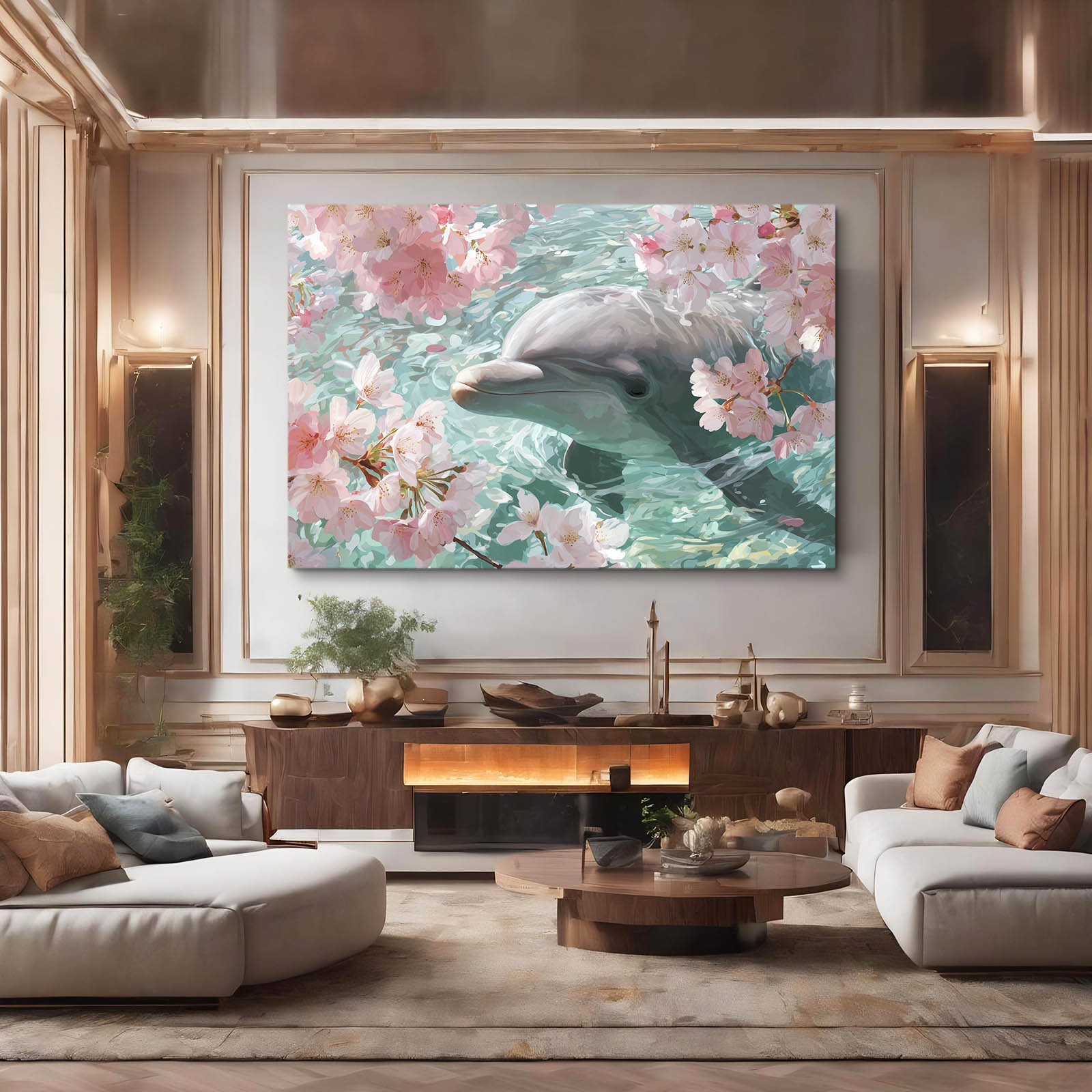 Cherry Blossom Dolphin Canvas – styled in a furnished interior