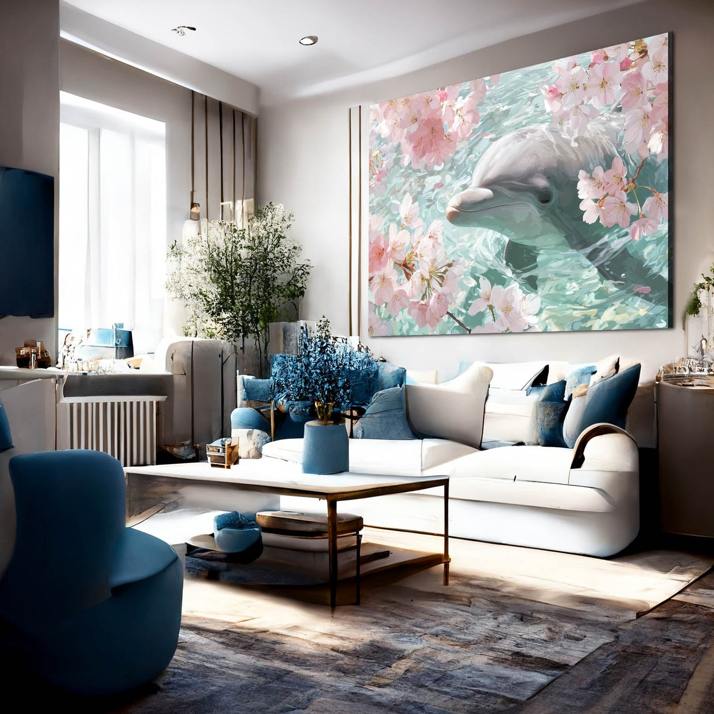 Cherry Blossom Dolphin Canvas – styled in a furnished interior