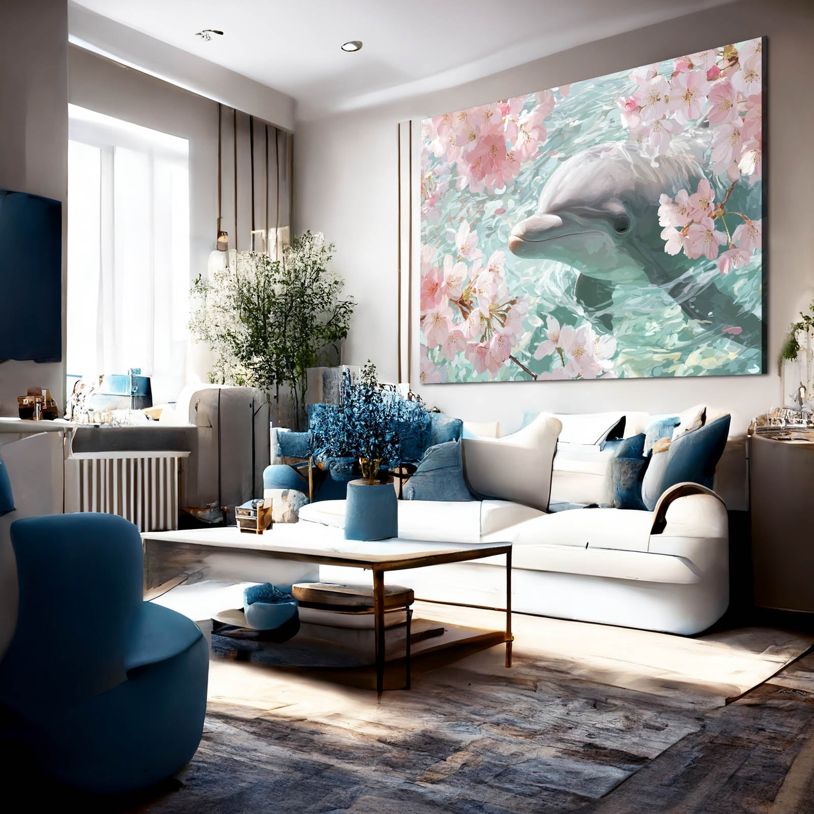 Cherry Blossom Dolphin Canvas – styled in a furnished interior