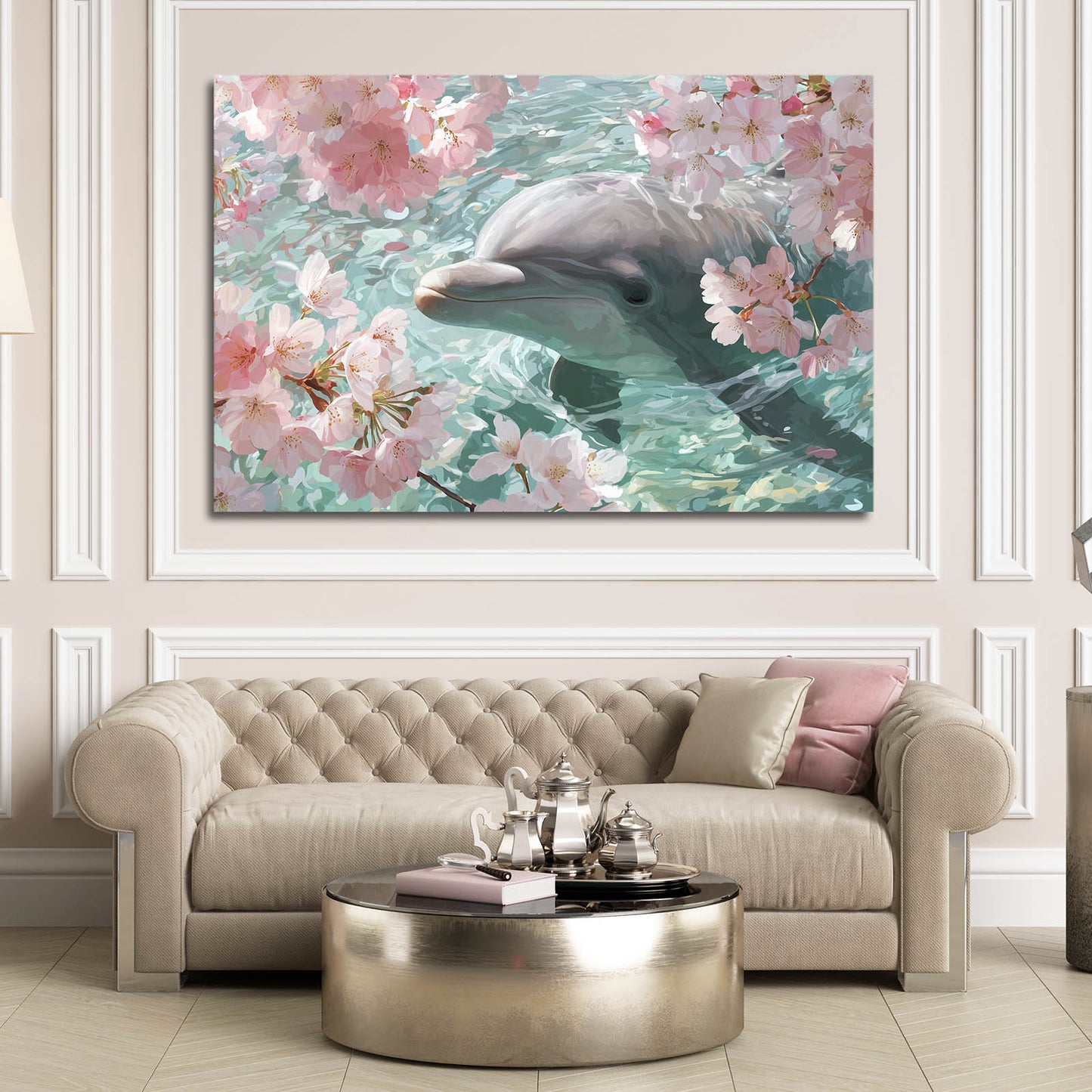 Cherry Blossom Dolphin Canvas – styled in a furnished interior
