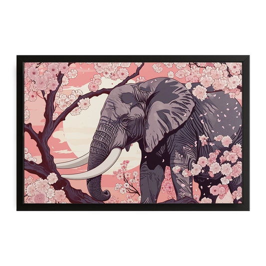 Cherry Blossom Elephant Art — fantasy canvas print in pink tones, with Premium Black frame on white background