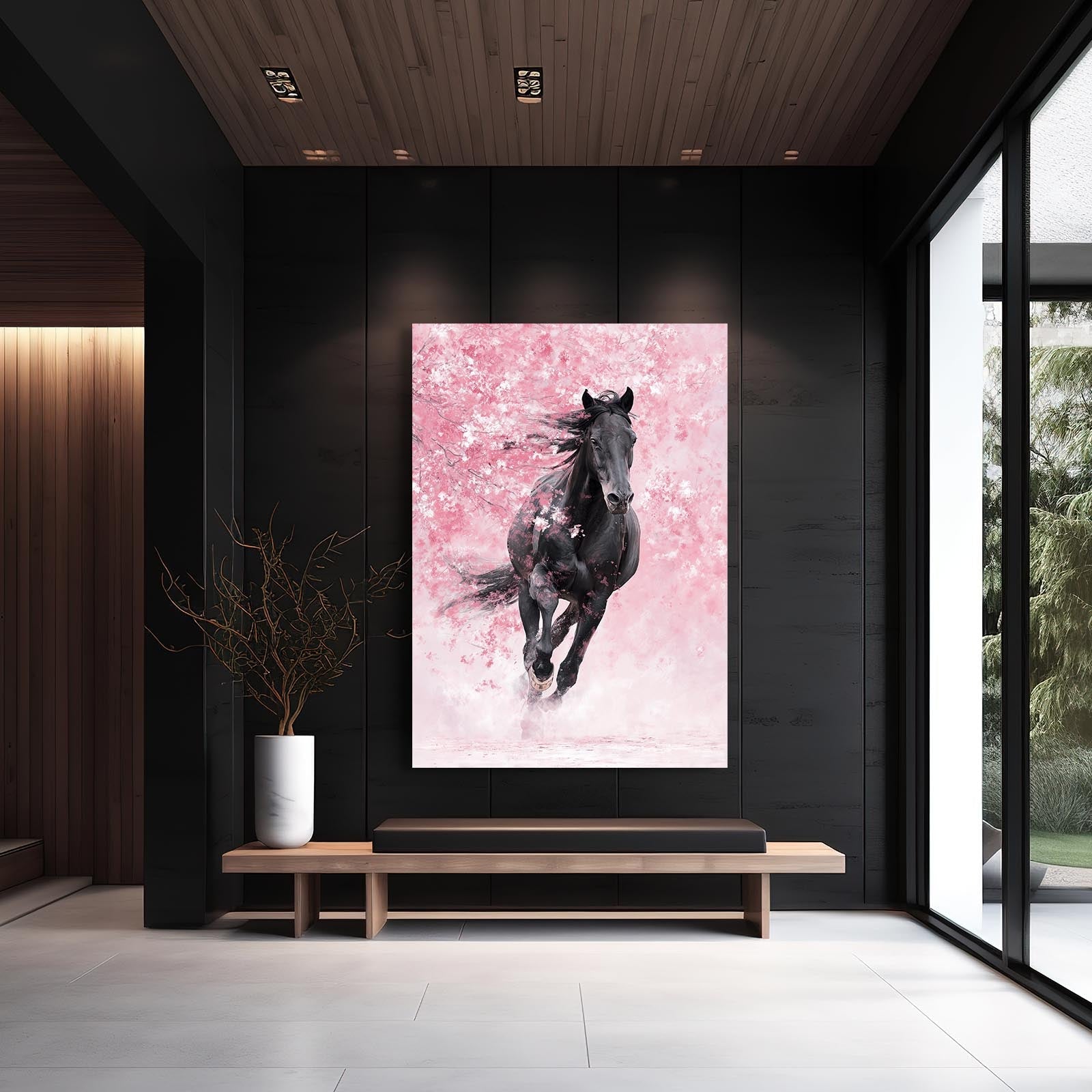 Cherry Blossom Horse Artwork – angled canvas view on white background