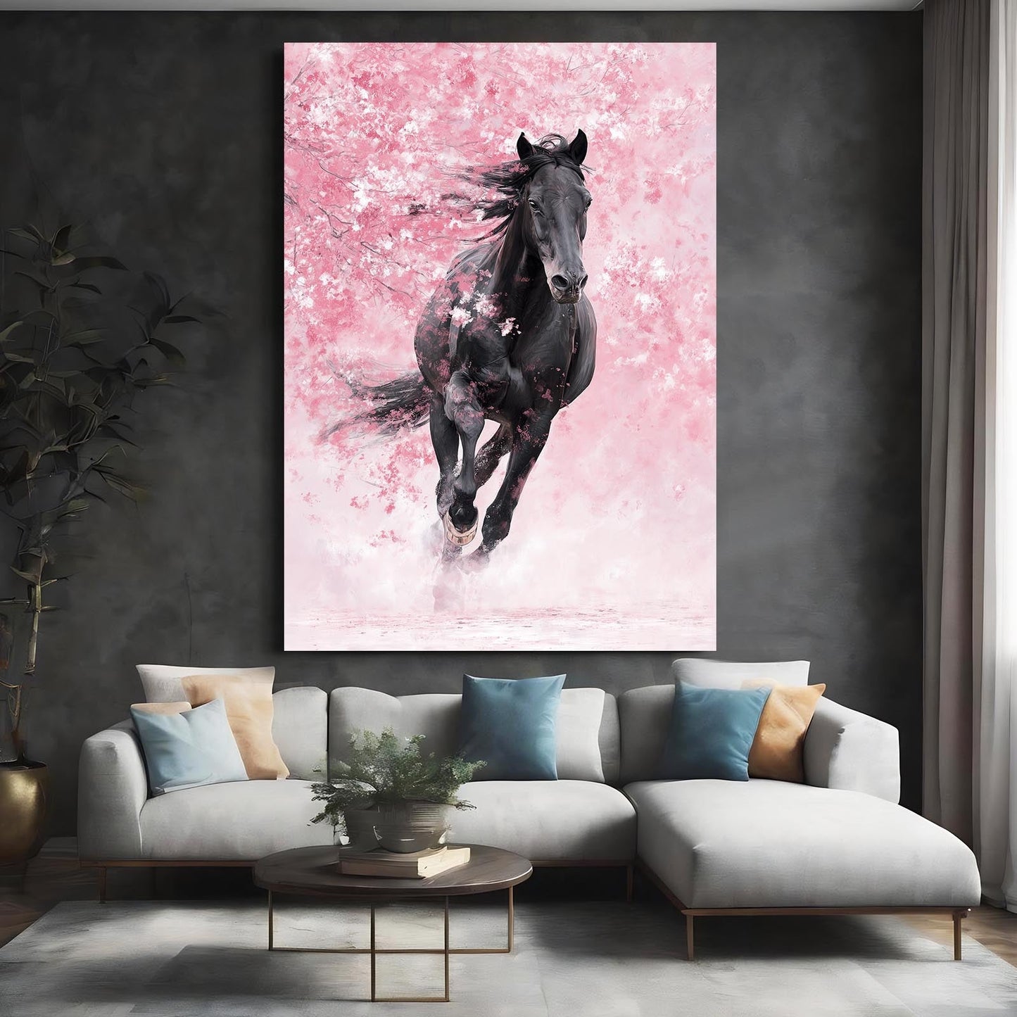 Cherry Blossom Horse Artwork – angled canvas view on white background