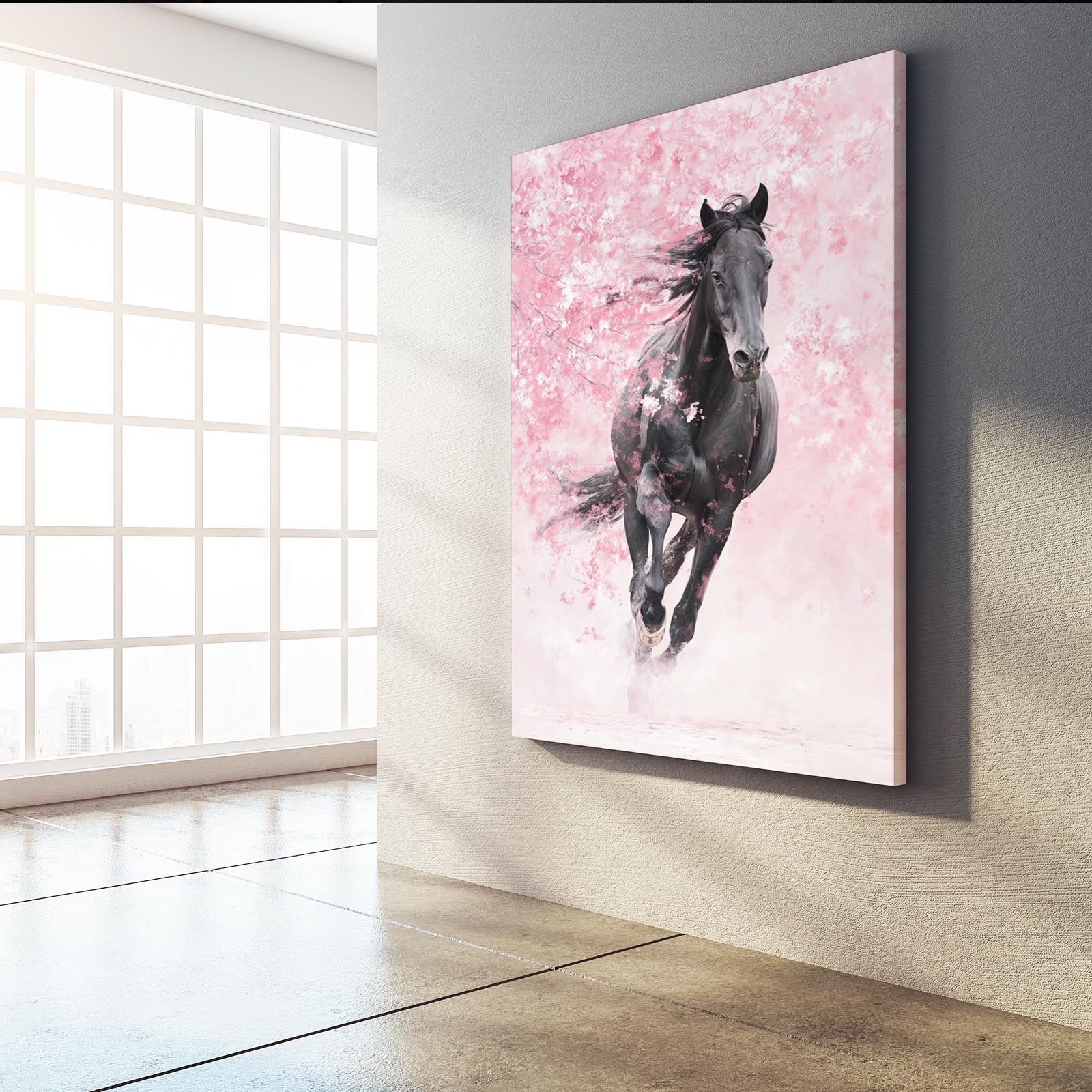 Cherry Blossom Horse Artwork – angled canvas view on white background