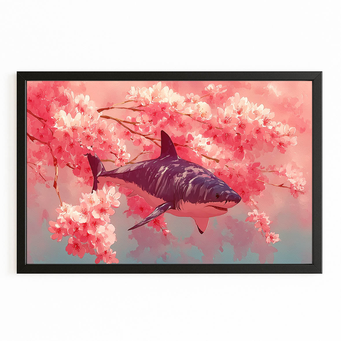 Cherry Blossom Shark Wall Art – with Premium Black frame on white background