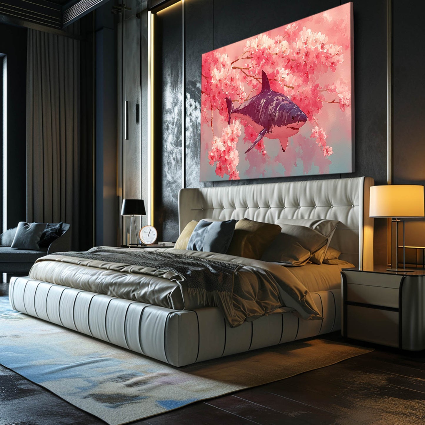 Cherry Blossom Shark Wall Art – styled in a furnished interior