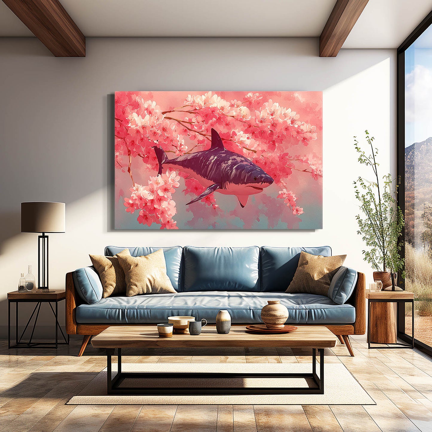 Cherry Blossom Shark Wall Art – styled in a furnished interior