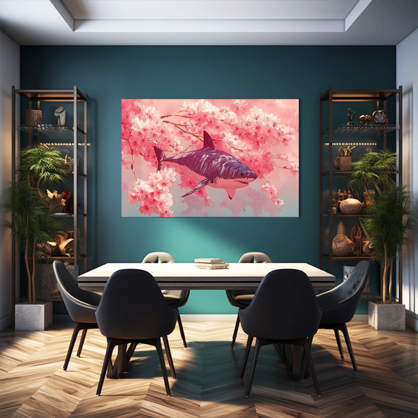 Cherry Blossom Shark Wall Art – styled in a furnished interior