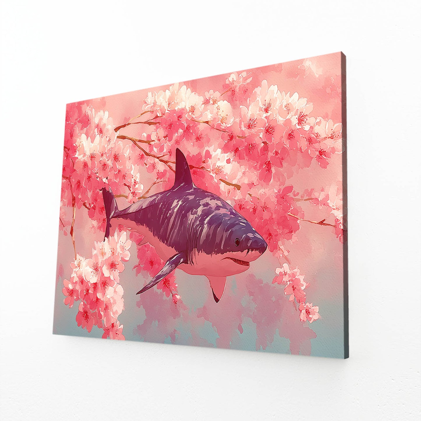 Cherry Blossom Shark Wall Art – angled canvas view on white background