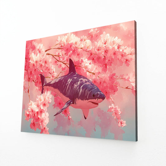 Cherry Blossom Shark Wall Art – angled canvas view on white background