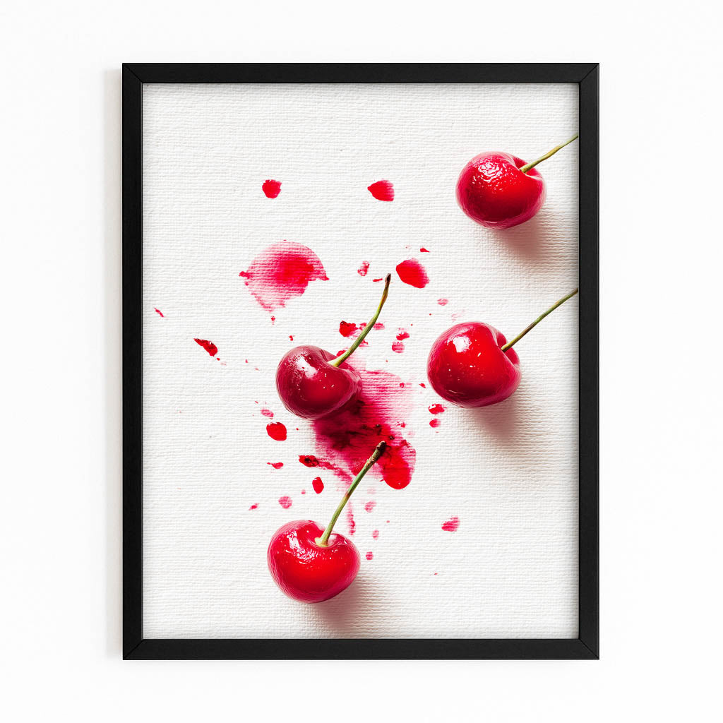 Cherry Juice Splash Fruit Wall Art – with Premium Black frame on white background