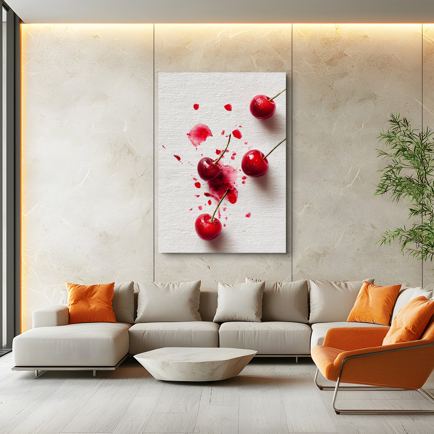 Cherry Juice Splash Fruit Wall Art – styled in a furnished interior