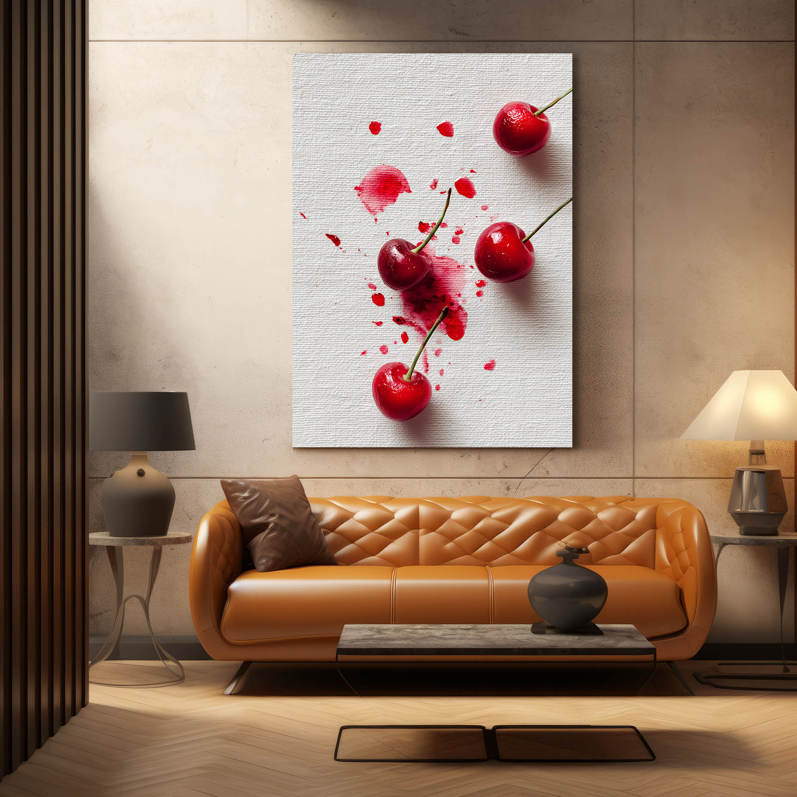 Cherry Juice Splash Fruit Wall Art – styled in a furnished interior