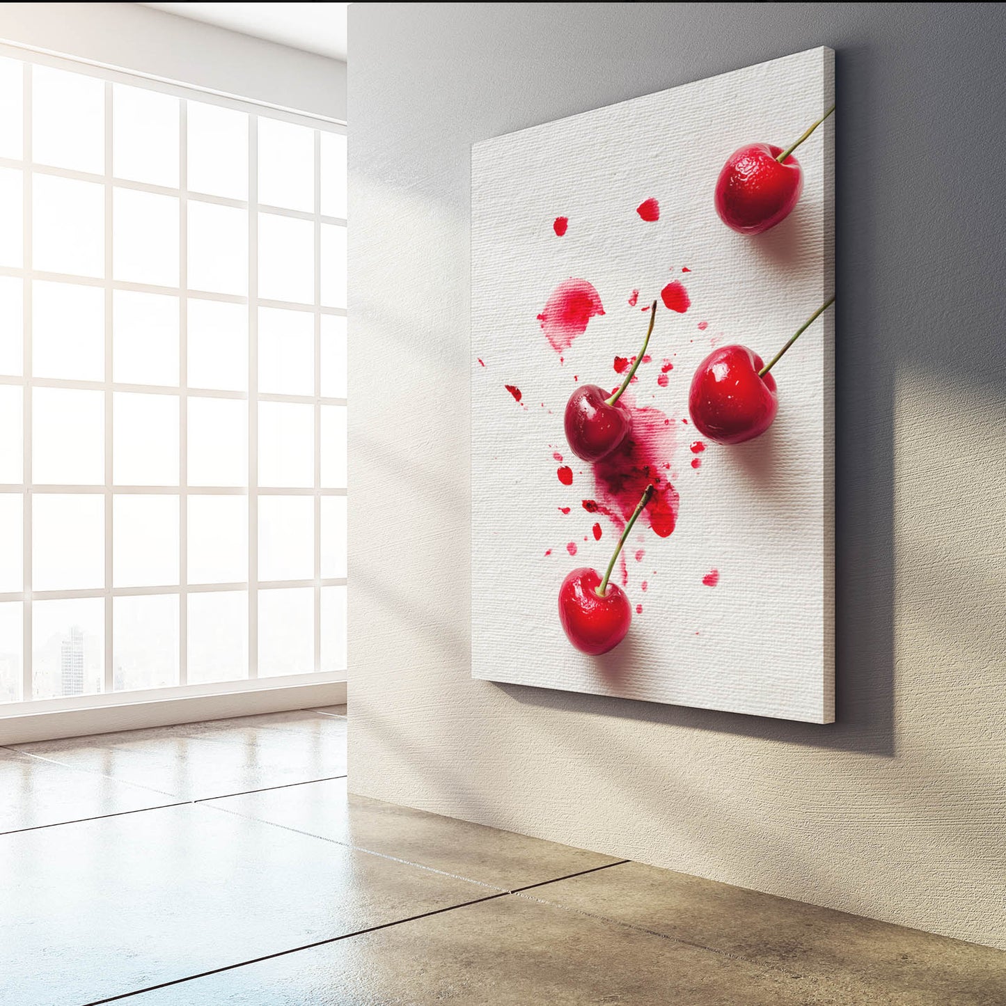 Cherry Juice Splash Fruit Wall Art – styled in a furnished interior