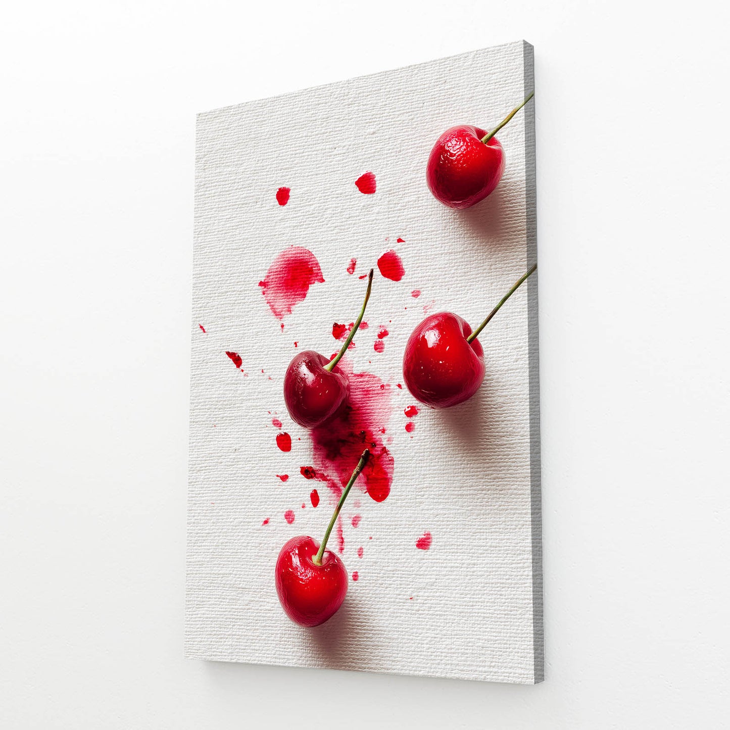 Cherry Juice Splash Fruit Wall Art – angled canvas view on white background