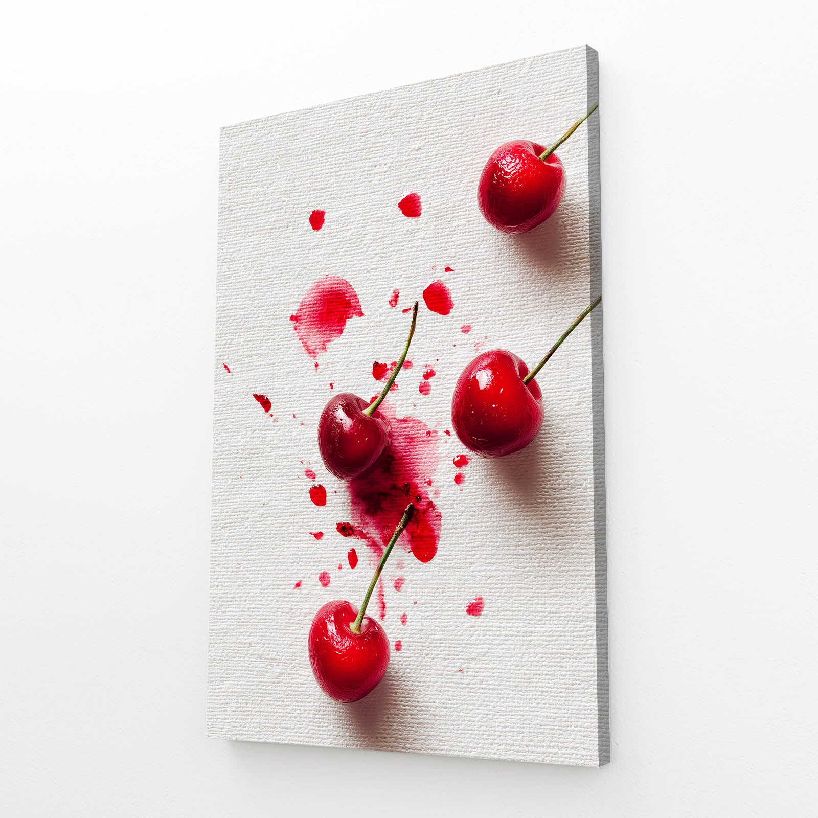 Cherry Juice Splash Fruit Wall Art – angled canvas view on white background