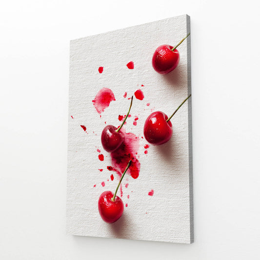 Cherry Juice Splash Fruit Wall Art – angled canvas view on white background