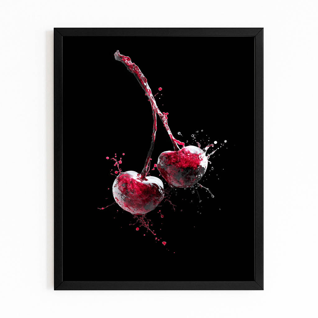 Cherry Splash Black Fruit Canvas Art – with Premium Black frame on white background