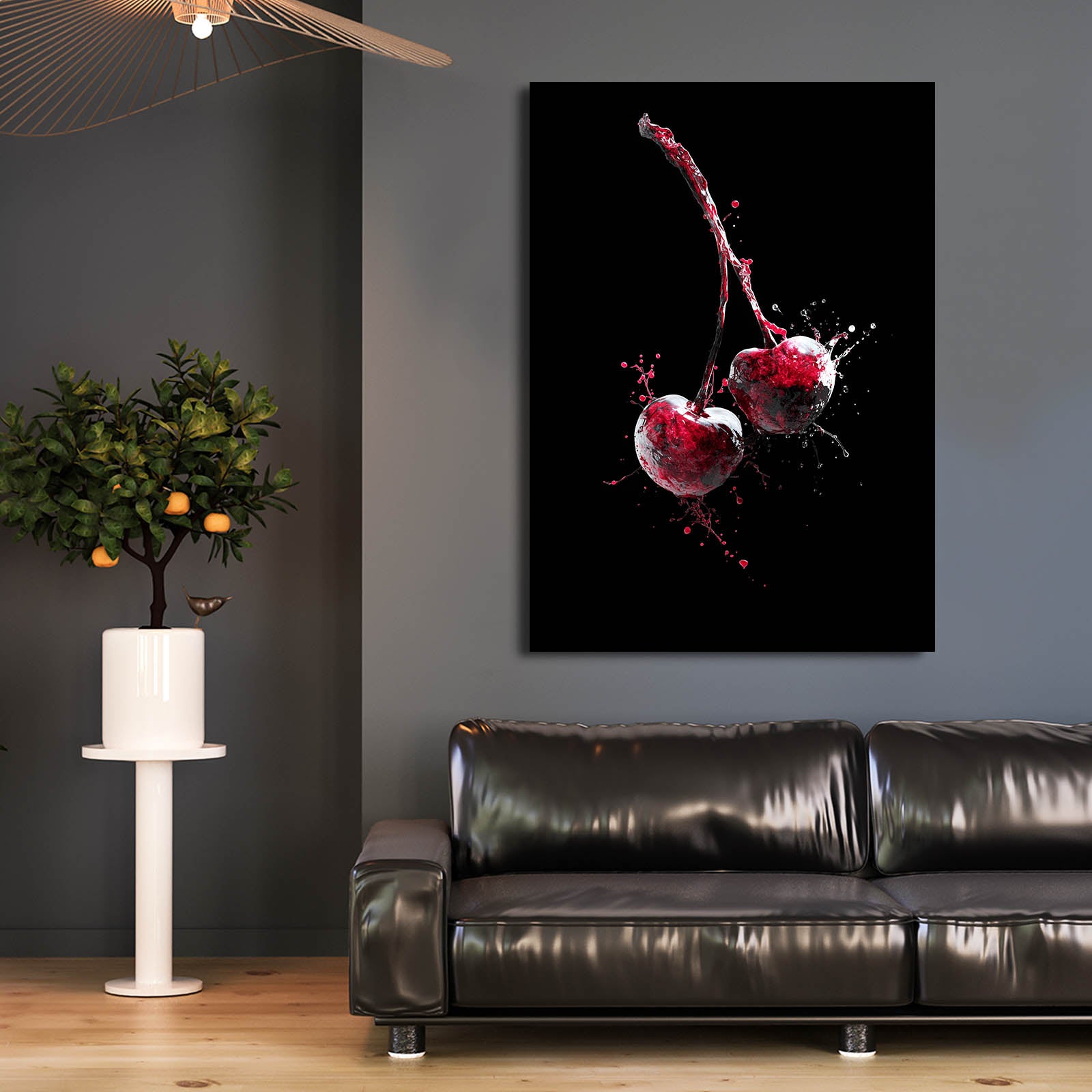 Cherry Splash Black Fruit Canvas Art – styled in a furnished interior