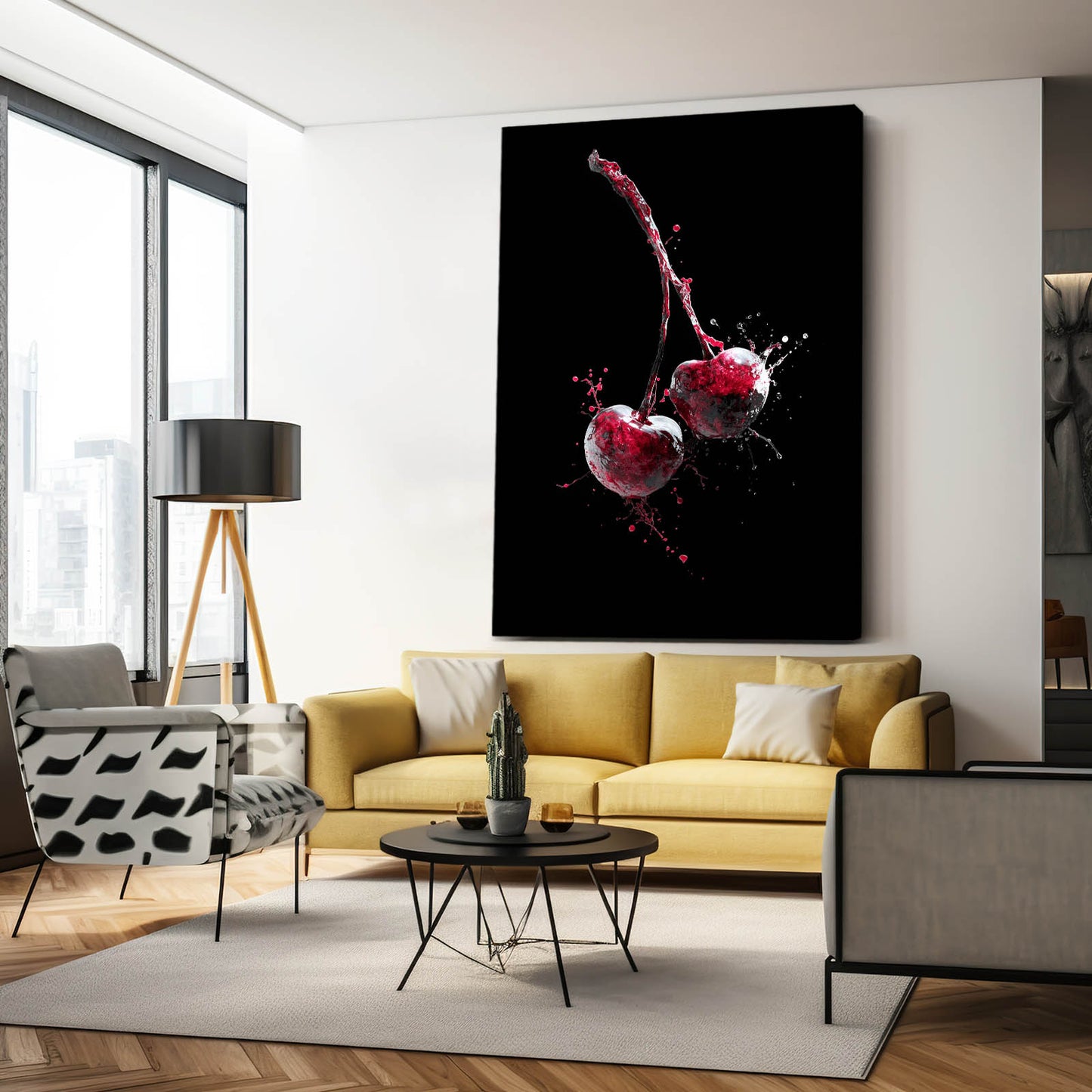Cherry Splash Black Fruit Canvas Art – styled in a furnished interior